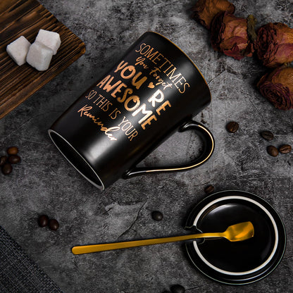 Anniversary Birthday Thank You Gifts for Men, Sometimes You Forget You're Awesome - 14oz Unique Black Ceramic Inspirational Mug with Gold Print, Funny Valentines Day Presents for Boyfriend Husband Him