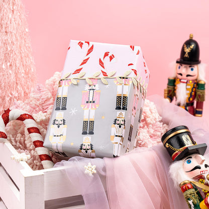WRAPAHOLIC Reversible Nutcracker Christmas Wrapping Paper - Mini Roll - 17 Inch x 33 Feet - Nutcracker and Candy Cane Design Printed on Pearlized Paper for Chrsitmas, Holiday, Party Celebration