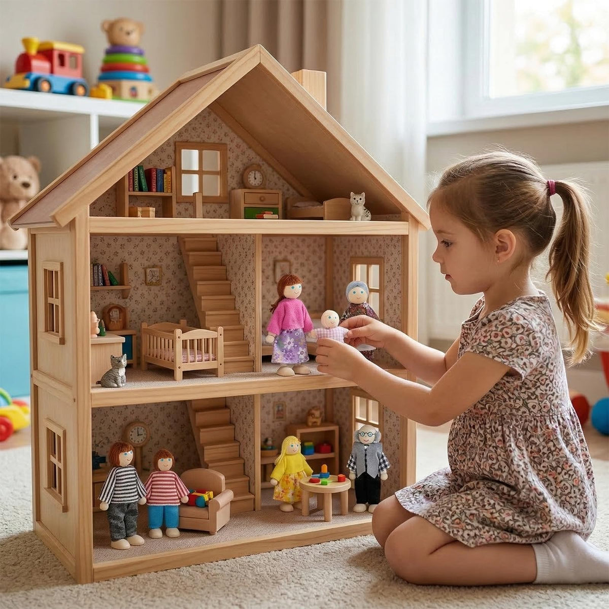 Sing2sky 7PCS Wooden Dollhouse Dolls for Playing House Gifts for Children, Wood, Articulated Pretend Play Figures, Smooth Splinter-Free Wood, Montessori Family Set - 4.5In (Classic)