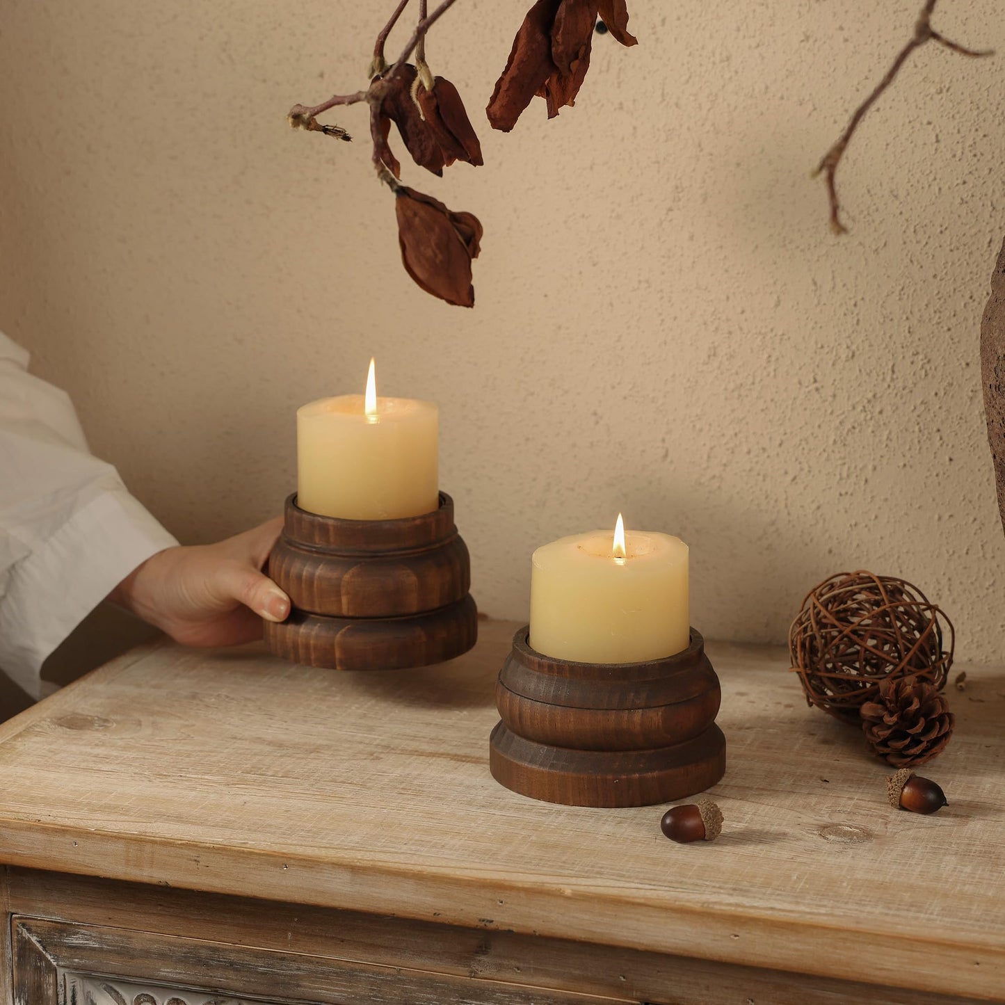 NIKKY HOME Farmhouse Solid Wood Pillar Candle Holders Set of 2, Brown