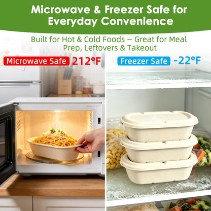 FEHHTO 50-Pack 30oz Disposable Meal Prep Containers with Lids, Sugarcane Pulp Compostable Food Containers + 50 Bamboo Forks, To-Go Food Containers, Microwave & Freezer Safe for Hot or Cold Foods