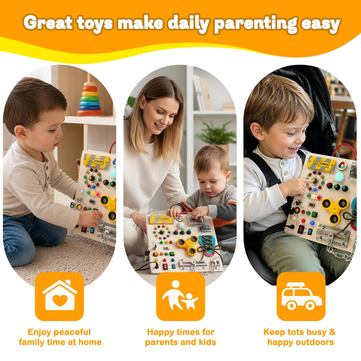 Busy Board with LED Light Switches, Montessori Toys for Toddlers 1-3, Wooden Sensory Activity Board, Travel Learning Toy for Boys & Girls, Educational Fidget Busy Board Gift for 1 2 3 Year Old Kids