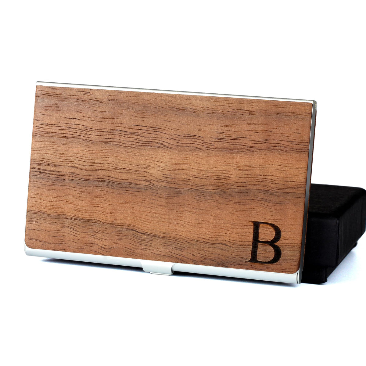 Prophet Clue PC Business Card Holder Walnut Wood & Stainless Steel Business Card Case with Engraved A-Z Initial (B)