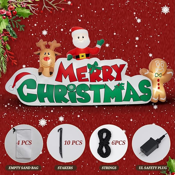 9.5 FT Christmas Inflatable Merry Christmas Sign with Santa, Reindeer & Gingerbread Man, LED Lit in- & Outdoor Decoration for Yard Garden Lawn Winter Decor