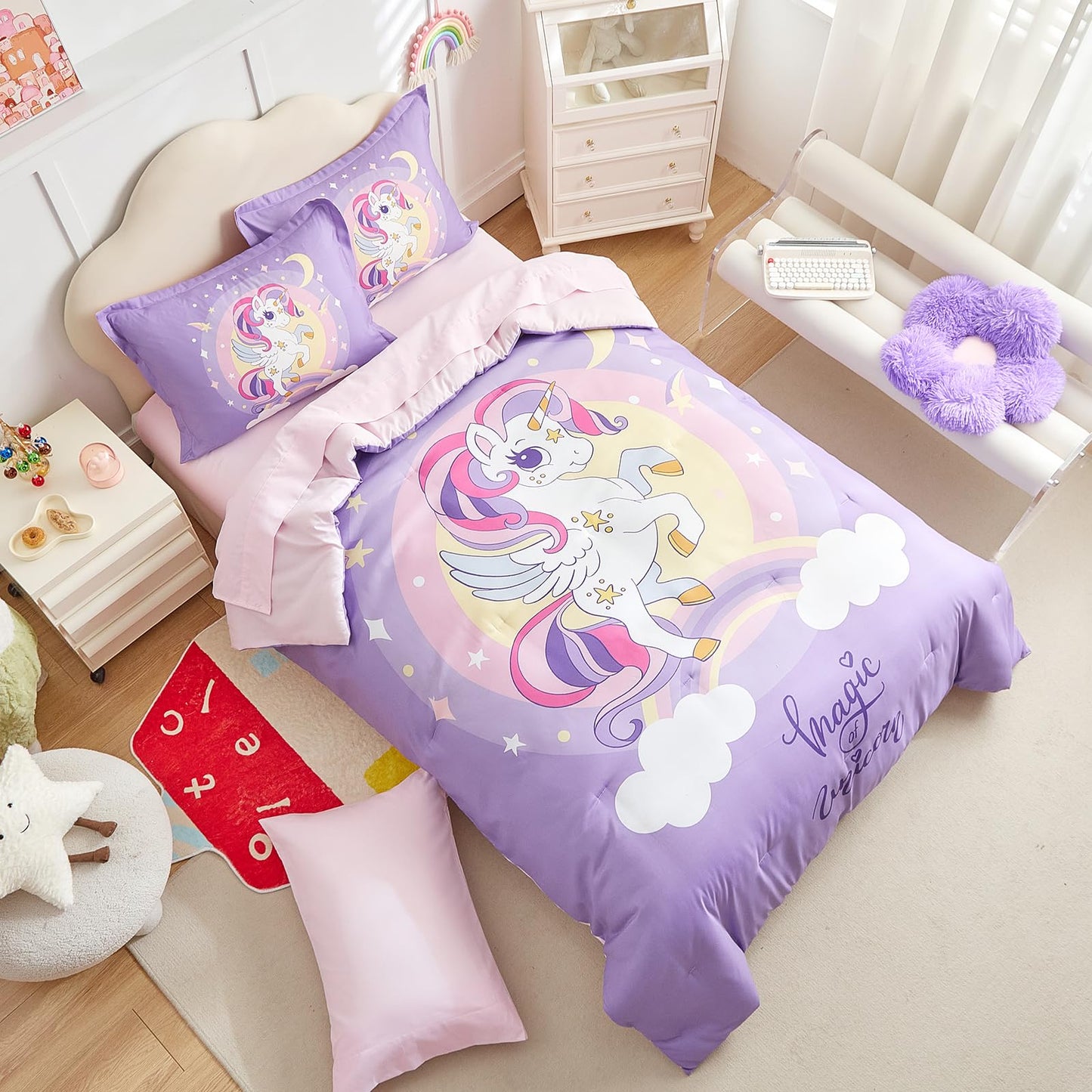 Girls Bed in a Bag Full Size Purple Unicorn Comforter Set with Rainbow Star - Soft Microfiber 7 Pcs Bedding Set (1 Comforter 2 Pillow Shams 1 Flat Sheet 1 Fitted Sheet 2 Pillowcases)