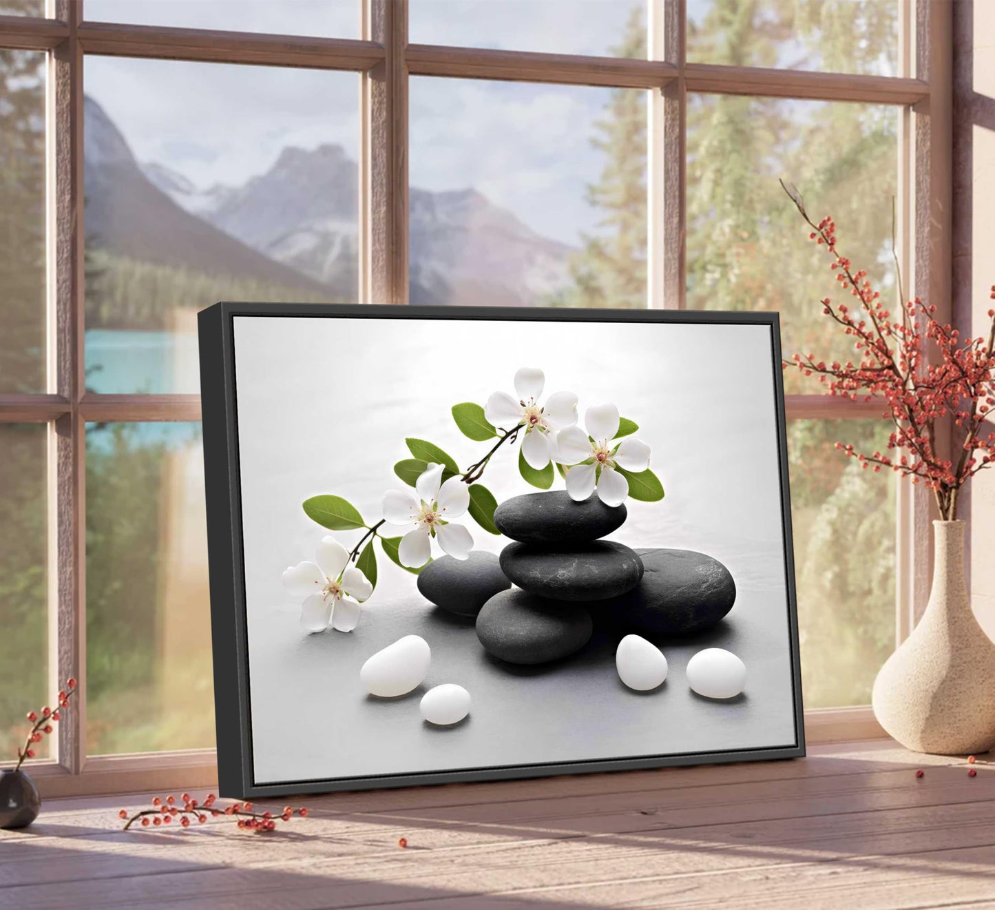 Framed Zen Stone Flower Canvas Wall Art Orchid Flower Black White Zen Stone Picture Wall Decor Still Life Poster Print Artwork for Bathroom Yoga Room Spa Room Meditation Room Office Home Decoration