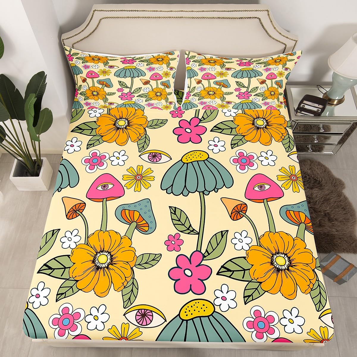 70s Retro Floral Fitted Sheet Set Full Size 4pcs,Hippie Flowers Leaves Bedding Sets(1 Fitted, 1 Flat, 2 Pillowcases) Cartoon Eyes Mushroom Luxury Deep Pocket Bed Sheets, Modern