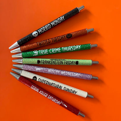 Jxueych 7Pcs Halloween Weekday Pens Glitter Pen with Funny Sayings Vibrant Passive Fancy Ballpoint Pens Cute Gifts for Colleagues Office Supplies (Halloween Pen Set)