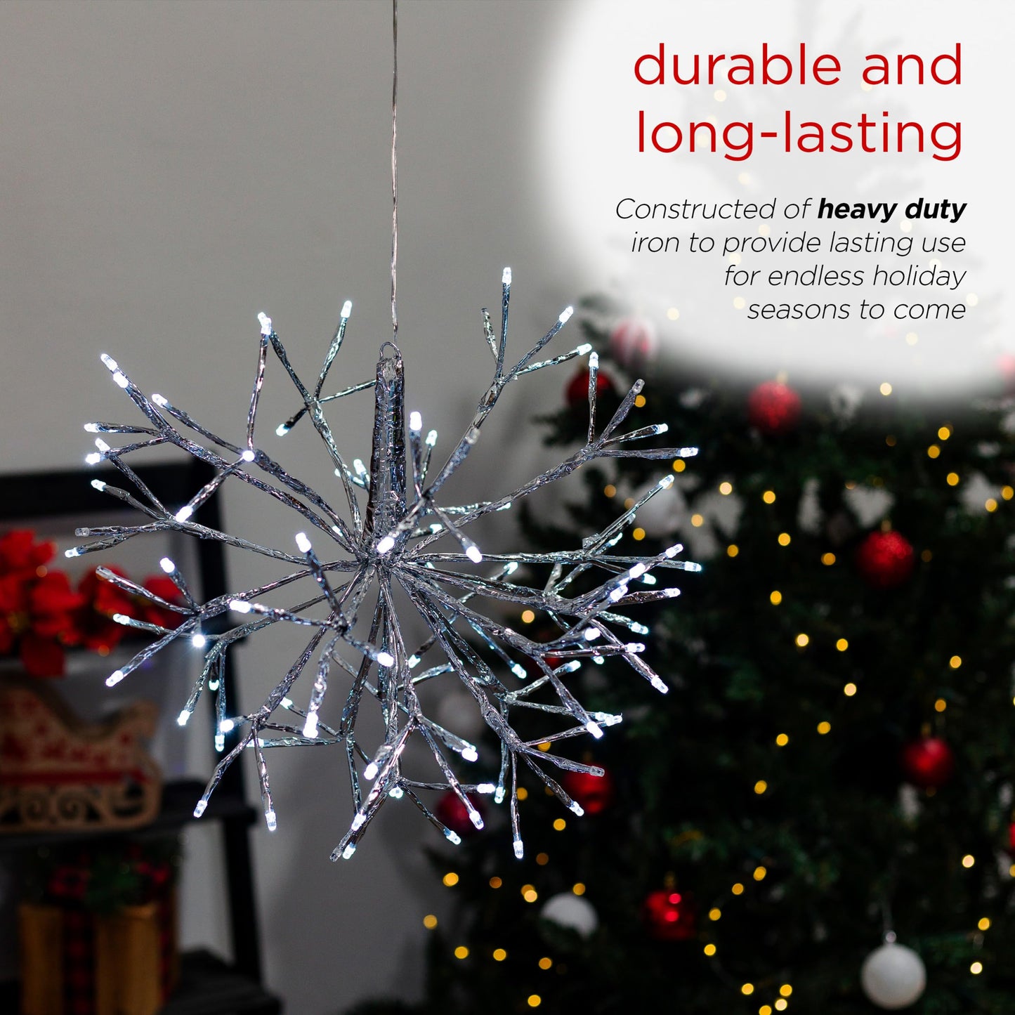 Alpine Corporation 16"H Indoor Holiday 3D Snowflake Hanging Ornament with LED Lights, White , Christmas Decoration