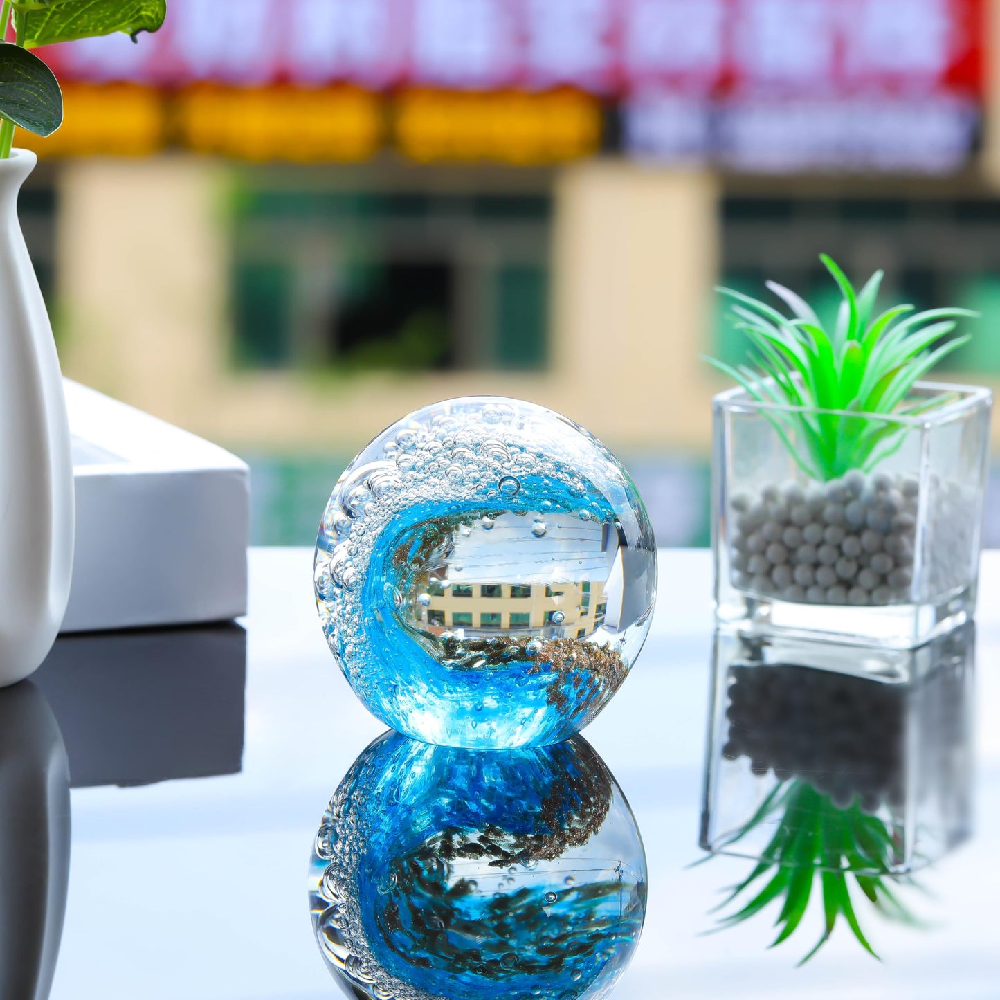 Enjinkail Hand Blown Ocean Waves Crystal Ball - Glass Collectible Figurines Spere - Paperweight Glass Ball Aquarium DecorOffice Decor Ocean Lovers