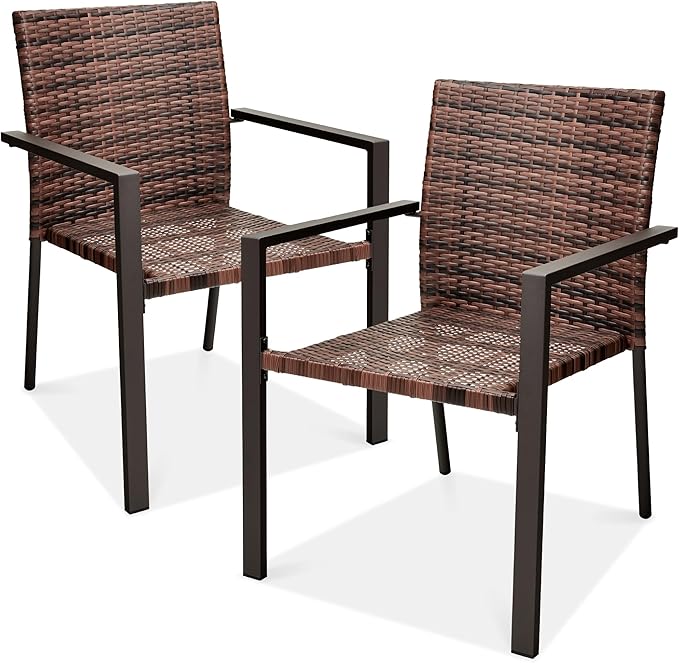 Best Choice Products Set of 2 Stackable Outdoor Wicker Dining Chairs All-Weather Firepit Armchair w/Armrests, Steel Frame for Patio, Deck, Garden, Yard - Light Brown
