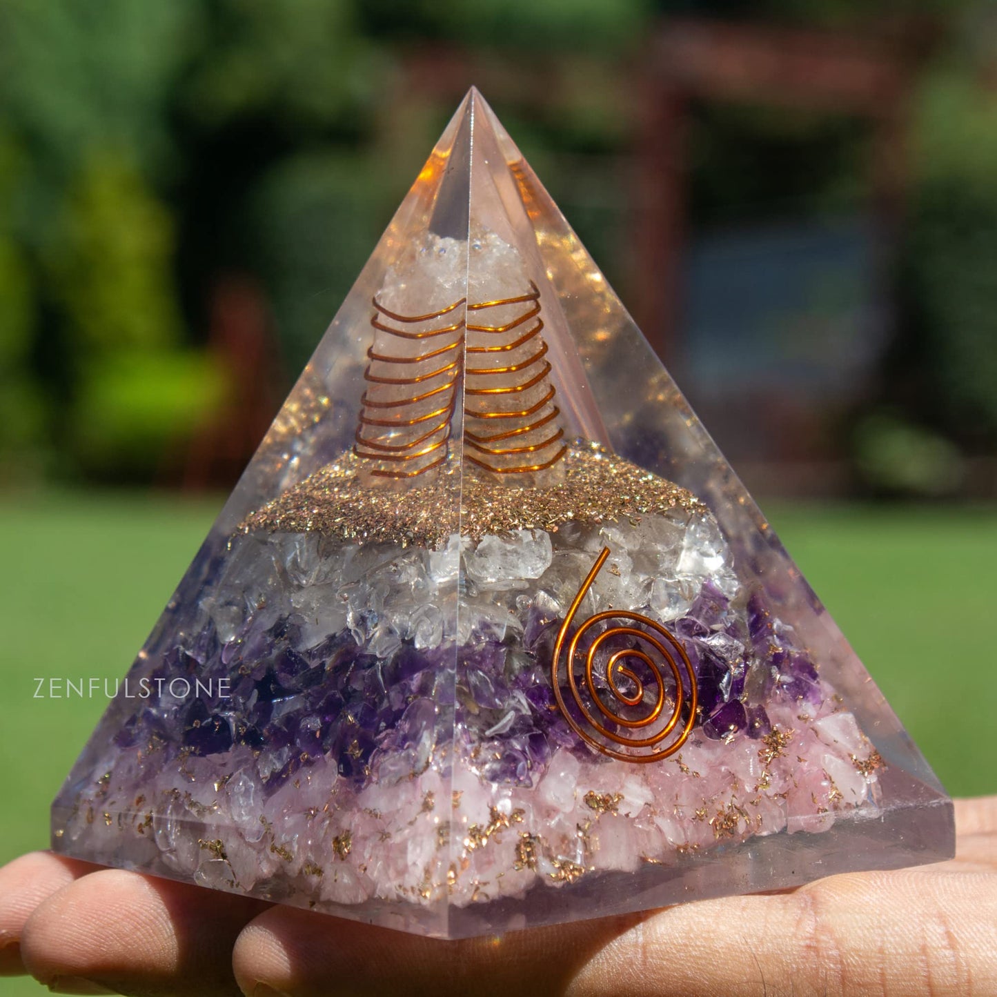 Amethyst, Rose Quartz, Clear Quartz Triple Layer Manifestation Orgonite Pyramid for Love, Success, Inner Peace, | Handmade crystal pyramid with Copper Coil and Crystal Quartz for Manifestation healing
