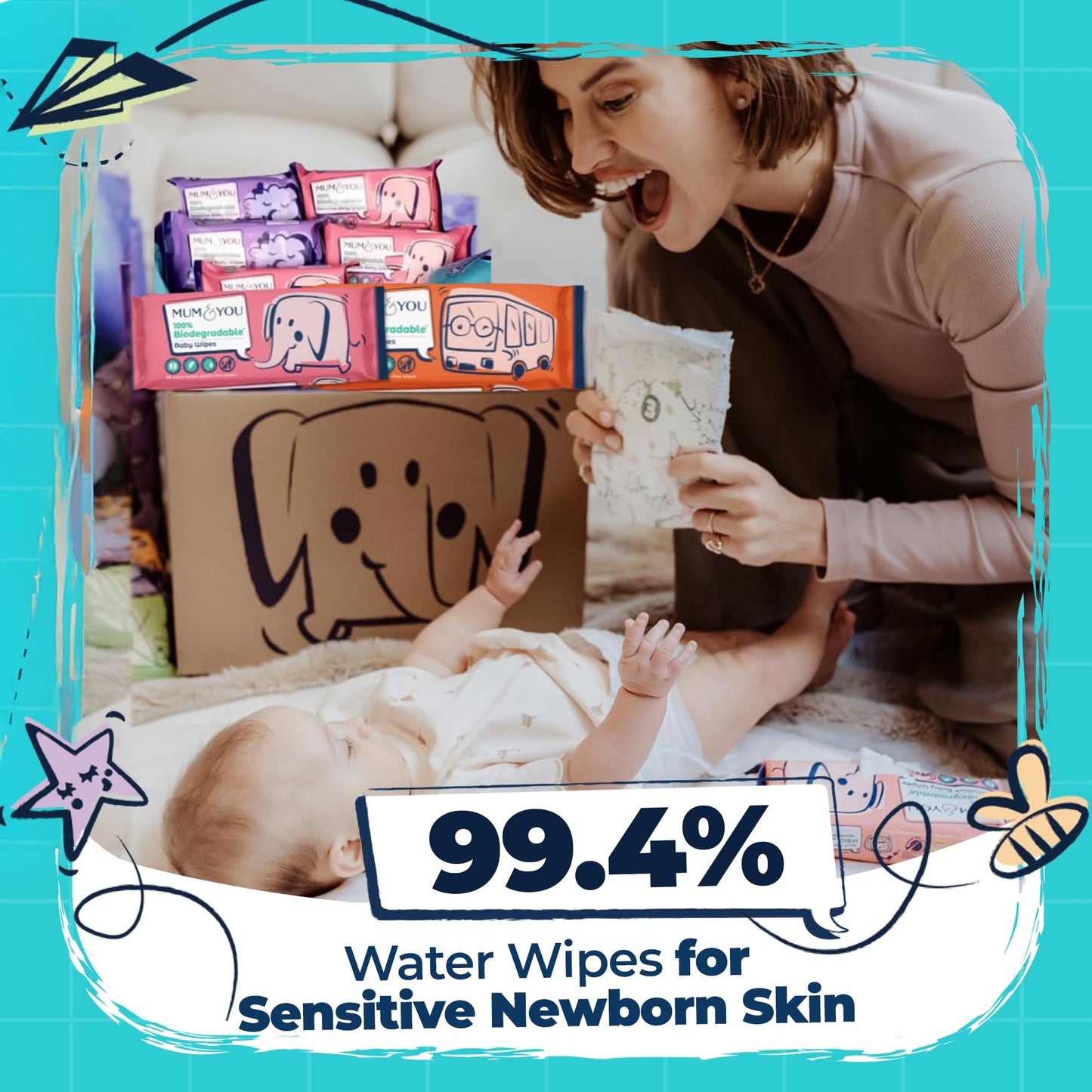 Mum & You Baby Wipes Multipack - 672 Biodegradable Wet Wipes (12 Packs) | 99.4% Water Wipes for Sensitive Newborn Skin | Baby Wipes Bulk, Bum Wipes, Wet Tissue, Eco-Friendly wet wipes baby