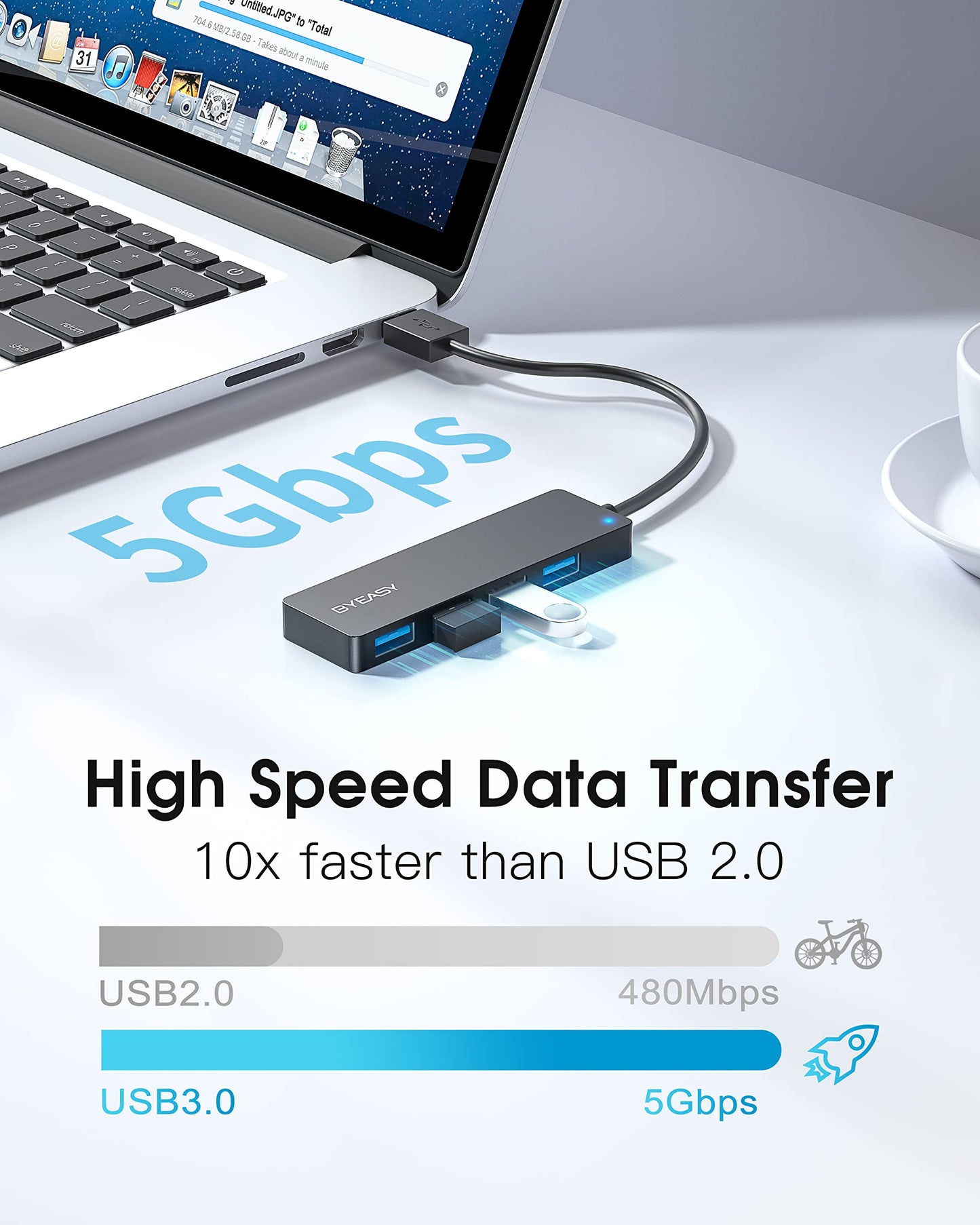 USB Hub, BYEASY 4-Port USB 3.0 Hub Ultra Slim Portable USB Splitter for iMac Pro, MacBook Air, Mac Mini/Pro, Surface Pro, Notebook PC, Laptop, USB Flash Drives, and Mobile HDD (Leather Black)