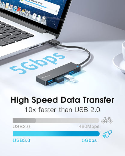 USB Hub, BYEASY 4-Port USB 3.0 Hub Ultra Slim Portable USB Splitter for iMac Pro, MacBook Air, Mac Mini/Pro, Surface Pro, Notebook PC, Laptop, USB Flash Drives, and Mobile HDD (Leather Black)