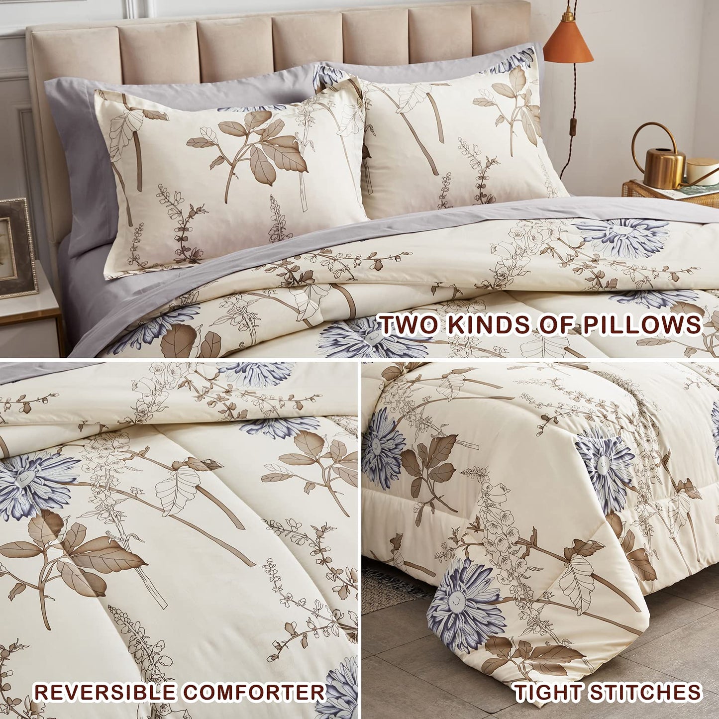 Joyreap 7 Piece Bed in a Bag Queen, Elegant Flower Botanical Smooth Soft Microfiber Floral Comforter Set for All Season (1 Comforter, 2 Pillow Shams, 1 Flat Sheet, 1 Fitted Sheet, 2 Pillowcases)