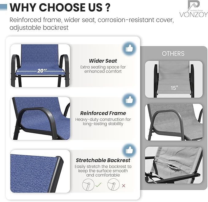 Patio Dining Chairs Set of 8, Outdoor High Stacking Chairs，Breathable Seat Fabric and Alloy Steel Frame for Backyard, Porch, Garden, Sunroom (Blue)