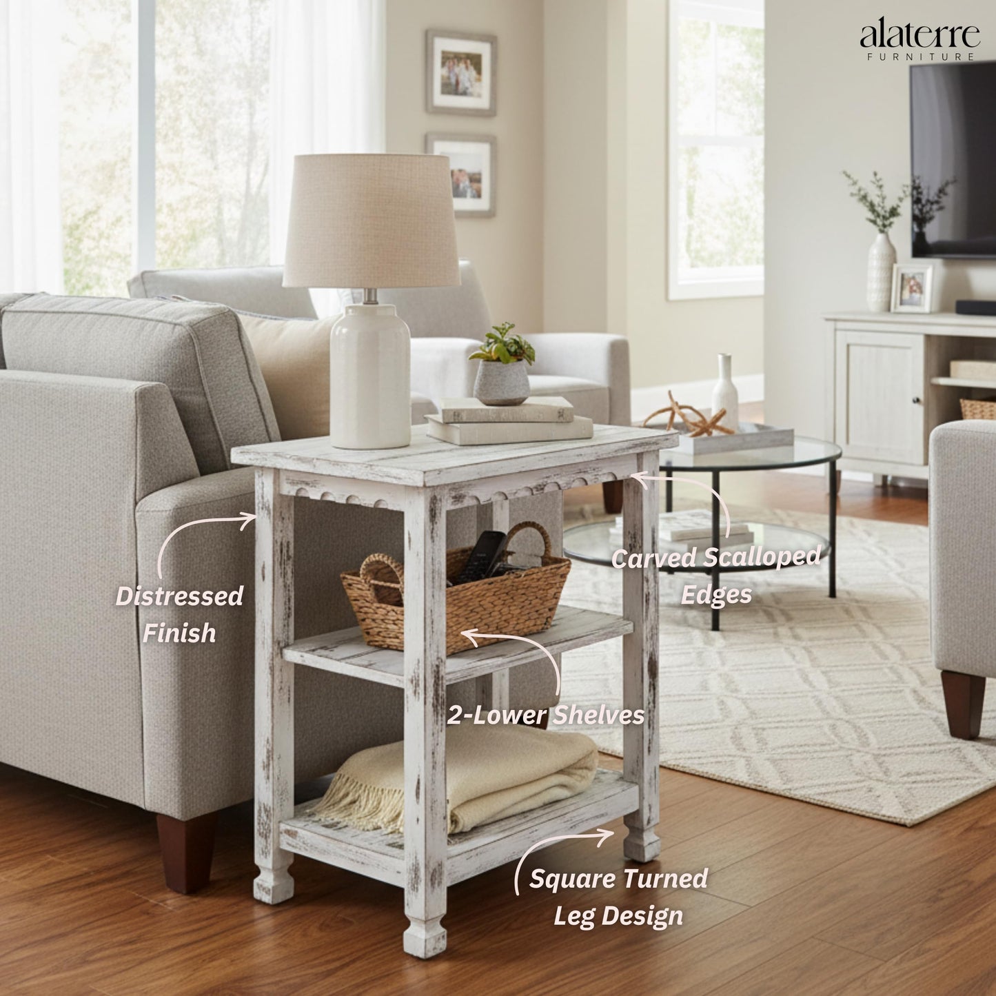 Alaterre Furniture Country Cottage Rustic Farmhouse Nightstand – 3-Tier Narrow End Table with Weathered Faded Finish, Carved Edges, & Turned Legs (Distressed Antique White)