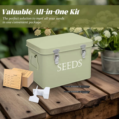 Ecopark Seed Storage Box, Professional All-in-one Kit with 2 Pens, 20 Plant Labels and 50 Seed Envelopes, Metal Storage Organizer, Saving Box, Seed Packet Container, Green