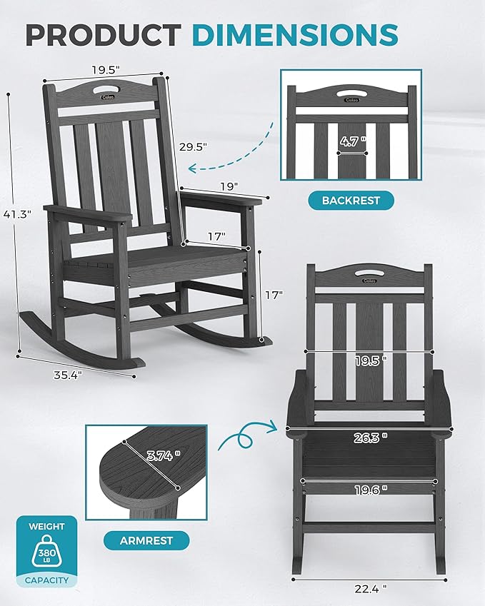 Ciokea Oversized Outdoor Rocking Chair, 380lbs Heavy-Duty Large Patio Rocker, Weather Resistant & Anti-Fade Porch Chair, High Back Cozy Rocking Chair for Outside, Fire Pit, Deck, Garden, Dark Grey