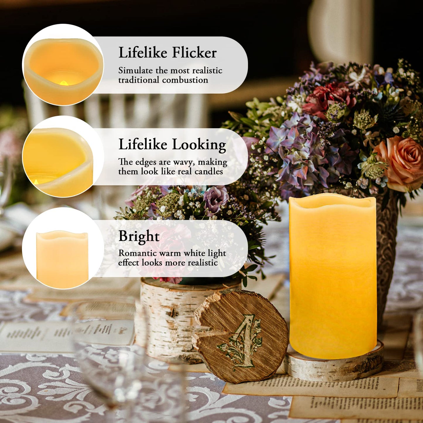 VETOUR Wax Shell Flameless Candles : Set of 1 H4”D3.15” Remote Control LED Electric Candle Ivory Real Wax Pillar Flickering Candles with Timer Home Halloween Christmas Gift Deco