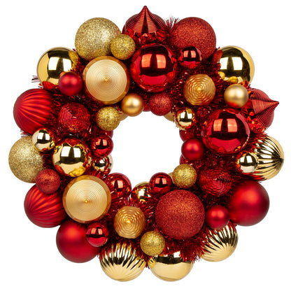 Christmas Ball Wreath 13" Xmas Wreaths Ornaments Glitter Thicken Shatterproof Garland Decoration for Door Wall Mantel Holiday Party Decor, Gold & Red