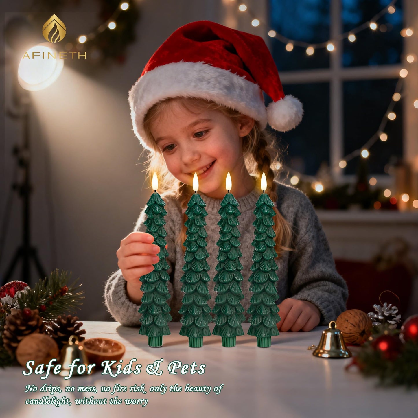 Christmas Tree Candles with Remote, 4 Pack Green Flameless Taper Candles Battery Operated, Real Wax 9.6 Inch Flickering Led Christmas Tree Candlesticks Decorations for Winter Home Holiday Xmas Gift