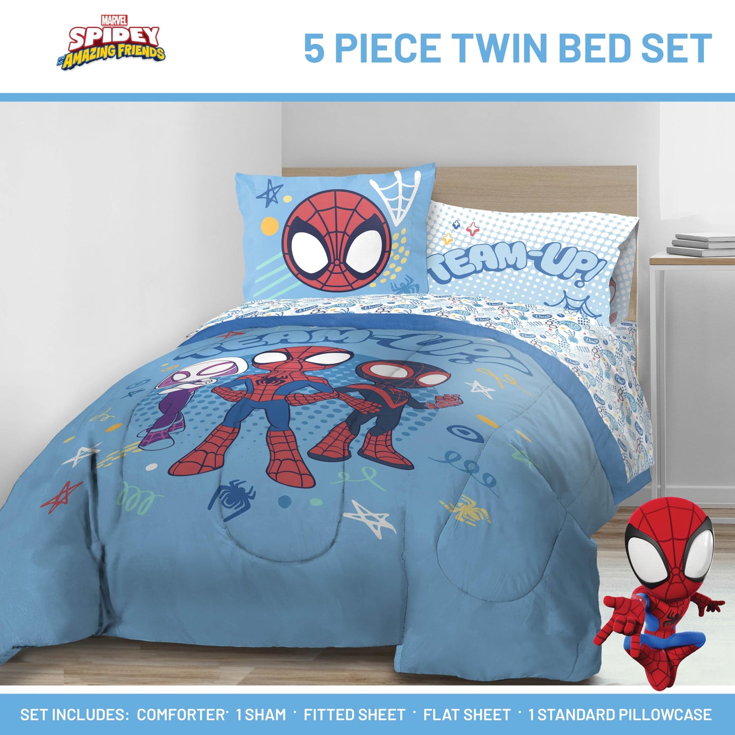 Jay Franco Kids Comforter Set Includes Sheets and Pillow Covers - Soft and Cozy Bed Set for Stylish Room Decor, Light Blue - Spidey & His Amazing Friends, 5 Piece Twin Bedding