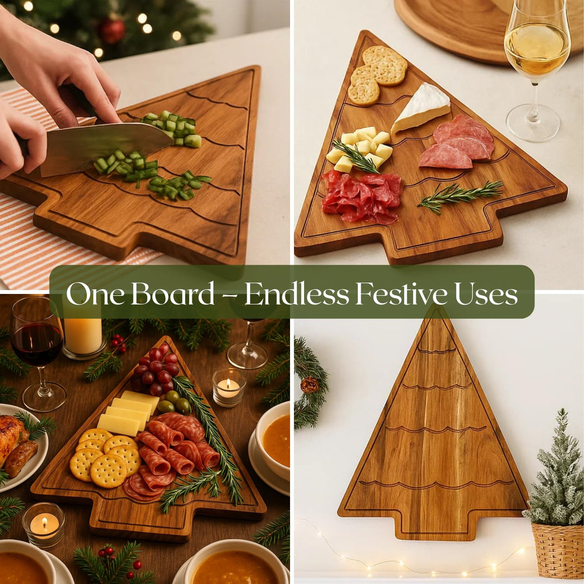 Aurah Acacia Wood Christmas Tree Cutting Board 13.5x11 Inch - Chopping Board with Handle, Xmas Cheese Appetizer Tray, Wooden Decorative Serving Platter for Kitchen & Holiday Party