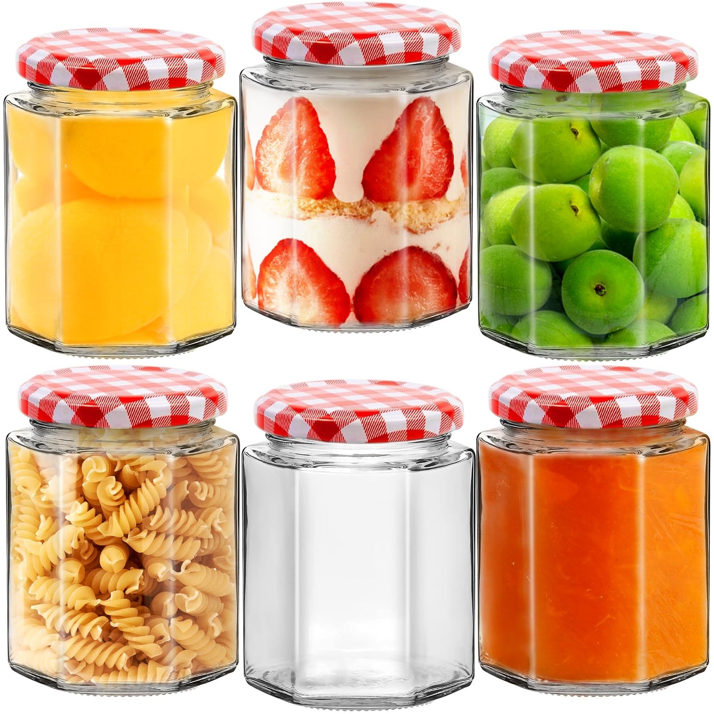 Showvigor Glass Jam Jars with Red Gingham Lid - 280ml/9oz - Hexagonal Storage Glass Jars, Clear Airtight Jar for Pickling, Chutney, Jam, Coffee - 6 Set