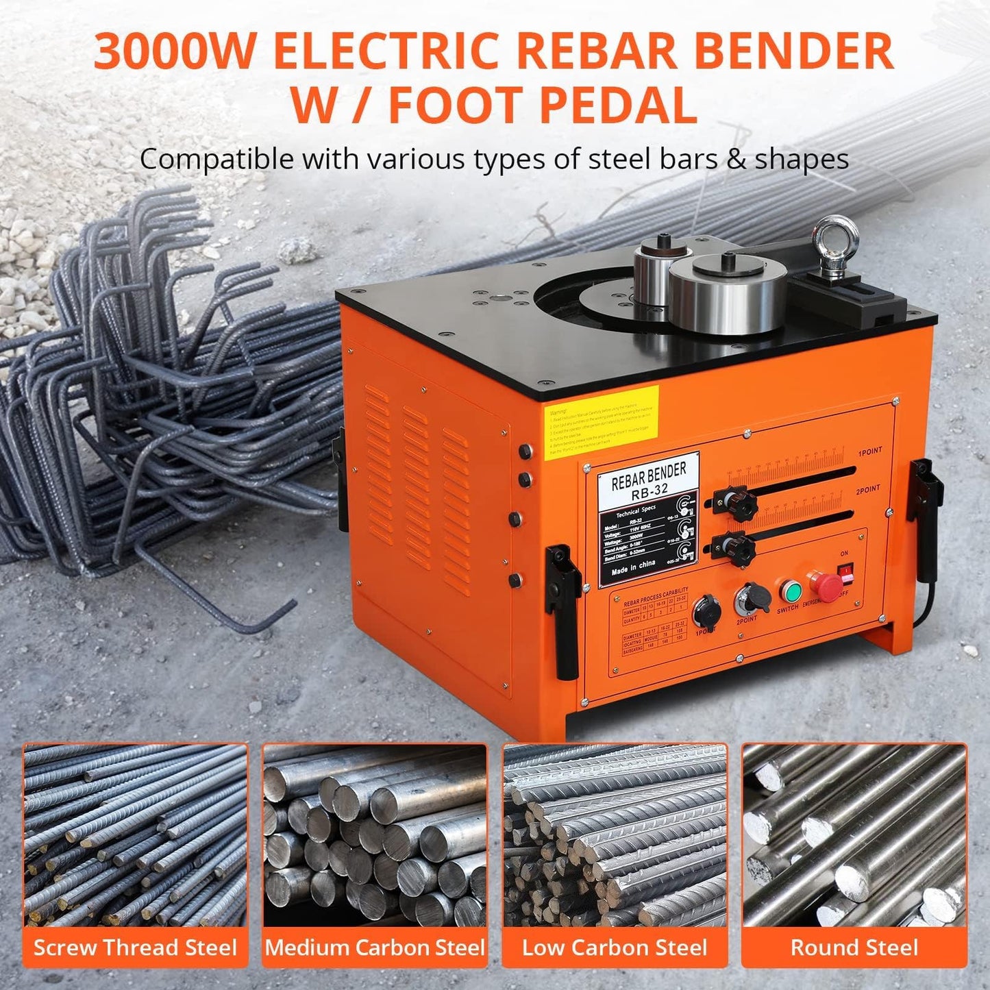 3000W Electric Rebar Bender up to 1.3 inch with Our Electric Bender - Achieve 0-180° Angles, Operate with Convenient Foot Pedal Switch & from Powerful 3000W Motor