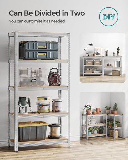 SONGMICS 5-Tier Heavy-Duty Shelving Units, Set of 2 Steel Shelving Units for Storage, Boltless Assembly, for Garage, Shed, Load Capacity 875 kg, 40 x 90 x 180 cm, Silver GLR040E02