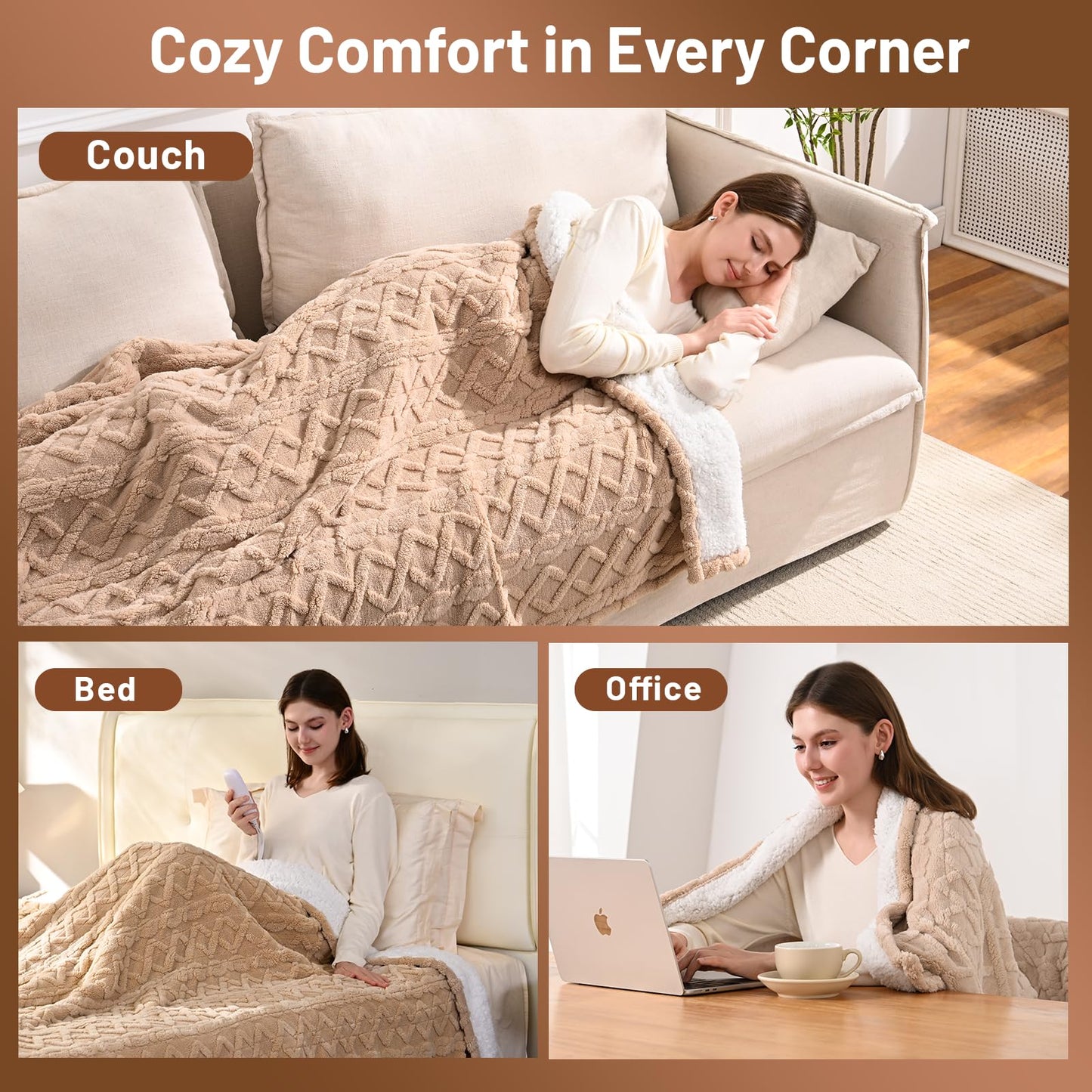 Heated Blanket Electric Queen Size - 84"x90" Electric Blanket with Dual Control, 9 Heat Levels and 1-10 Hours Timer, Soft Jacquard Fleece & Sherpa Washable, Great Gift Idea - Beige