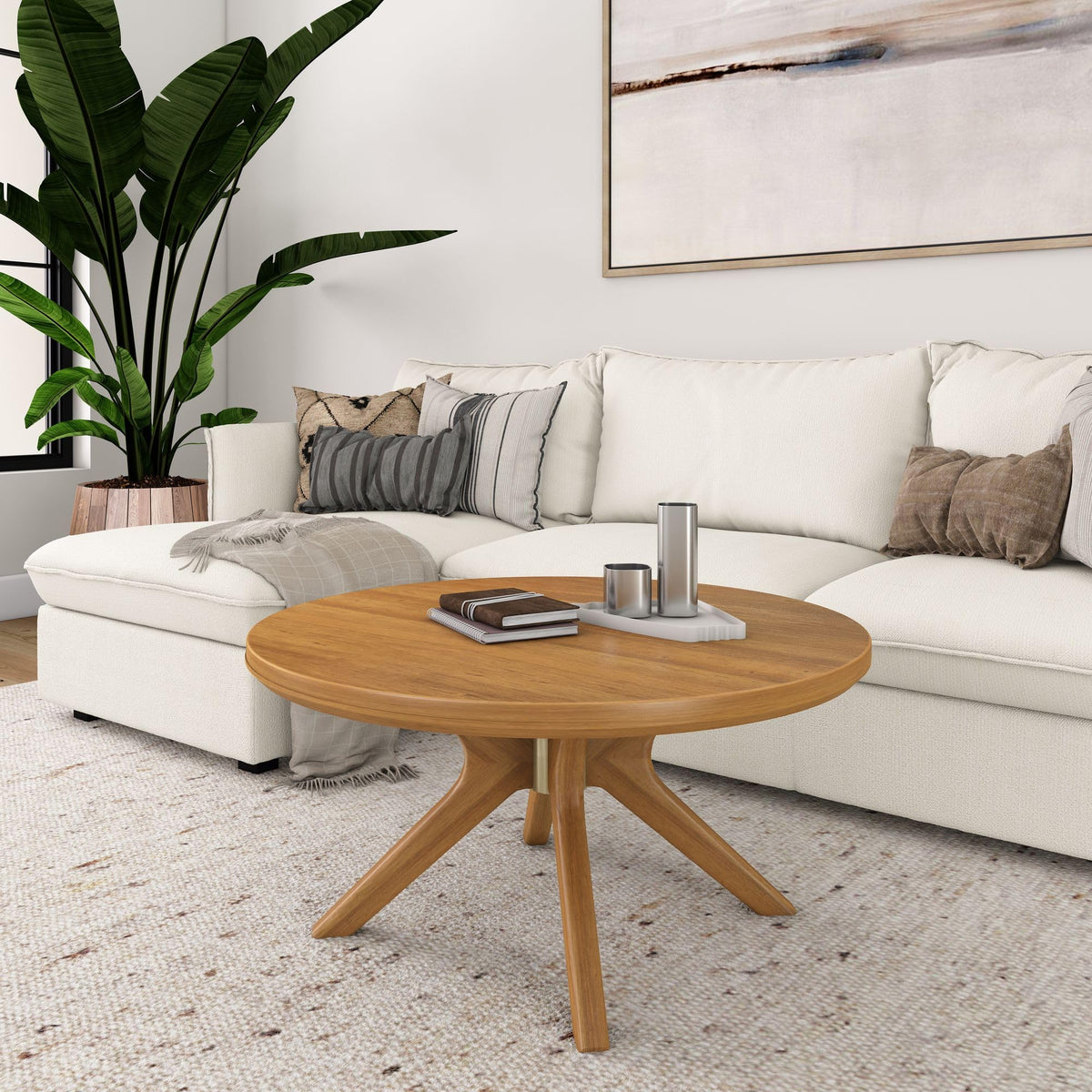 Plank+Beam Verso Round Coffee Table, 36 Inch Cross Leg Coffee Table, Modern Mini Center Tables for Small Spaces, Small Living Space Tea Table, Pecan