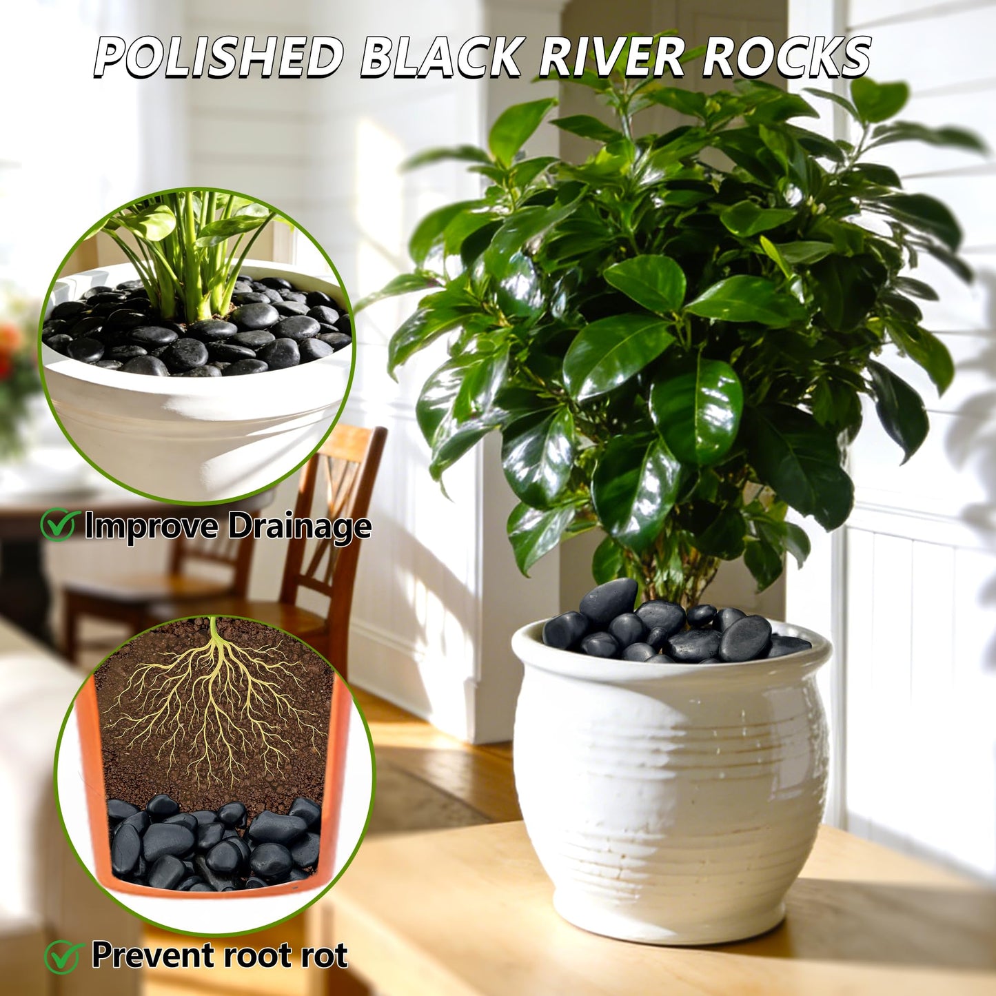 5LB Black Polished River Rocks, 1–2 Inch Landscaping Stones, Large Garden Rocks for Outdoor Landscaping, Plants & Vases Decor