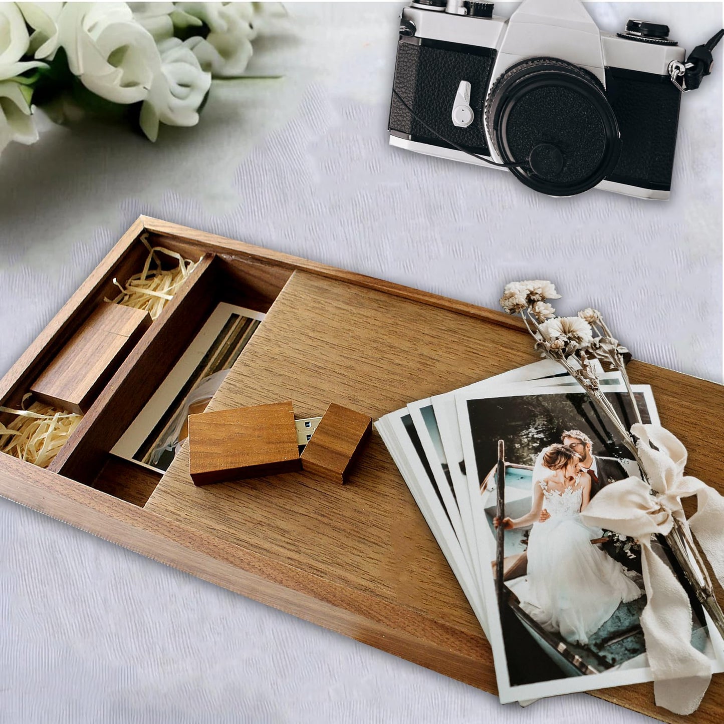 32GB USB 3.0 Wedding USB Flash Drive with Wooden Gift Box TATMOHIK Wood Thumb Drive for Storing Photos Walnut Wooden Jump Drive for Keepsakes for Anniversary/Birthday/Photographer/Wedding
