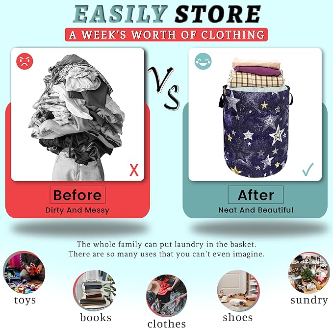 Stars Print Blue Jean Design Laundry Basket Foldable Funny Laundry Hamper