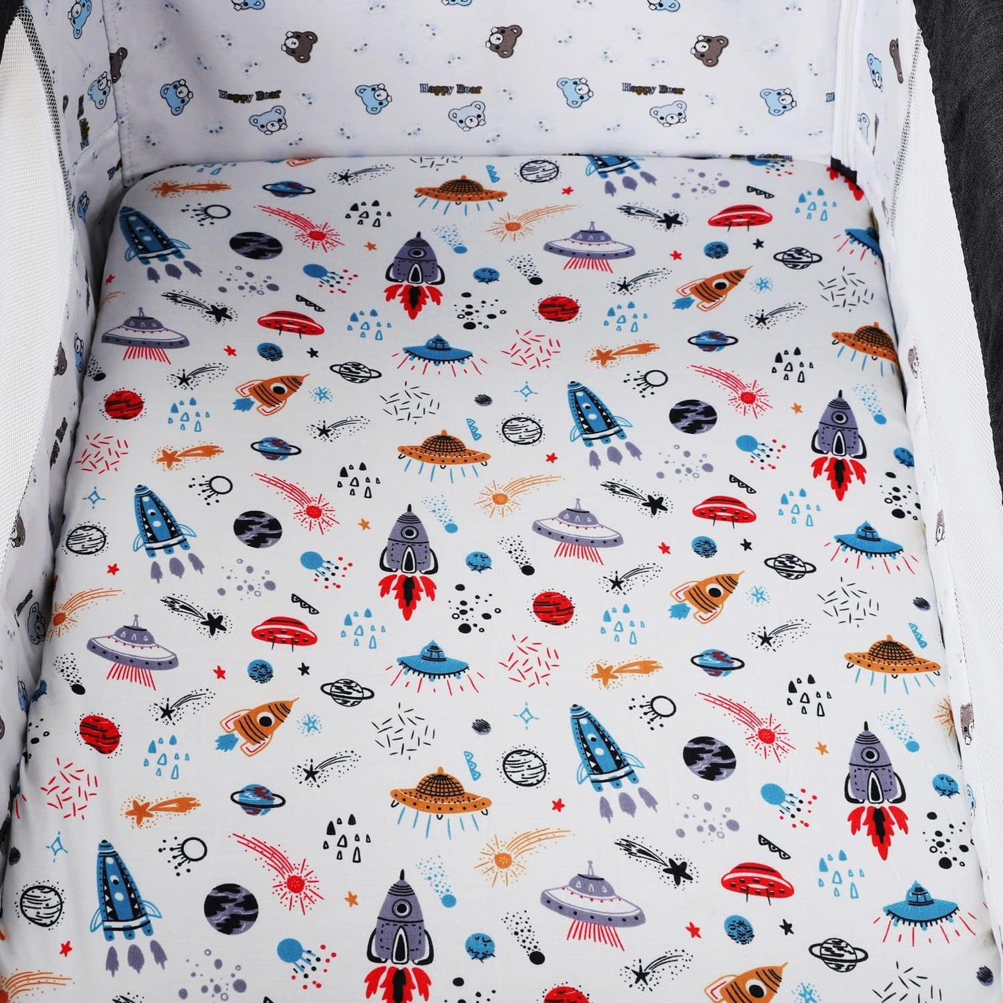 Tontukatu Pack n Play Sheet Stretchy Fitted Portable Mini Crib Sheets Set 2 Pack,Playard Sheets Convertible Playard Mattress Cover,Ultra Soft Jersey Material, Rocket & Car