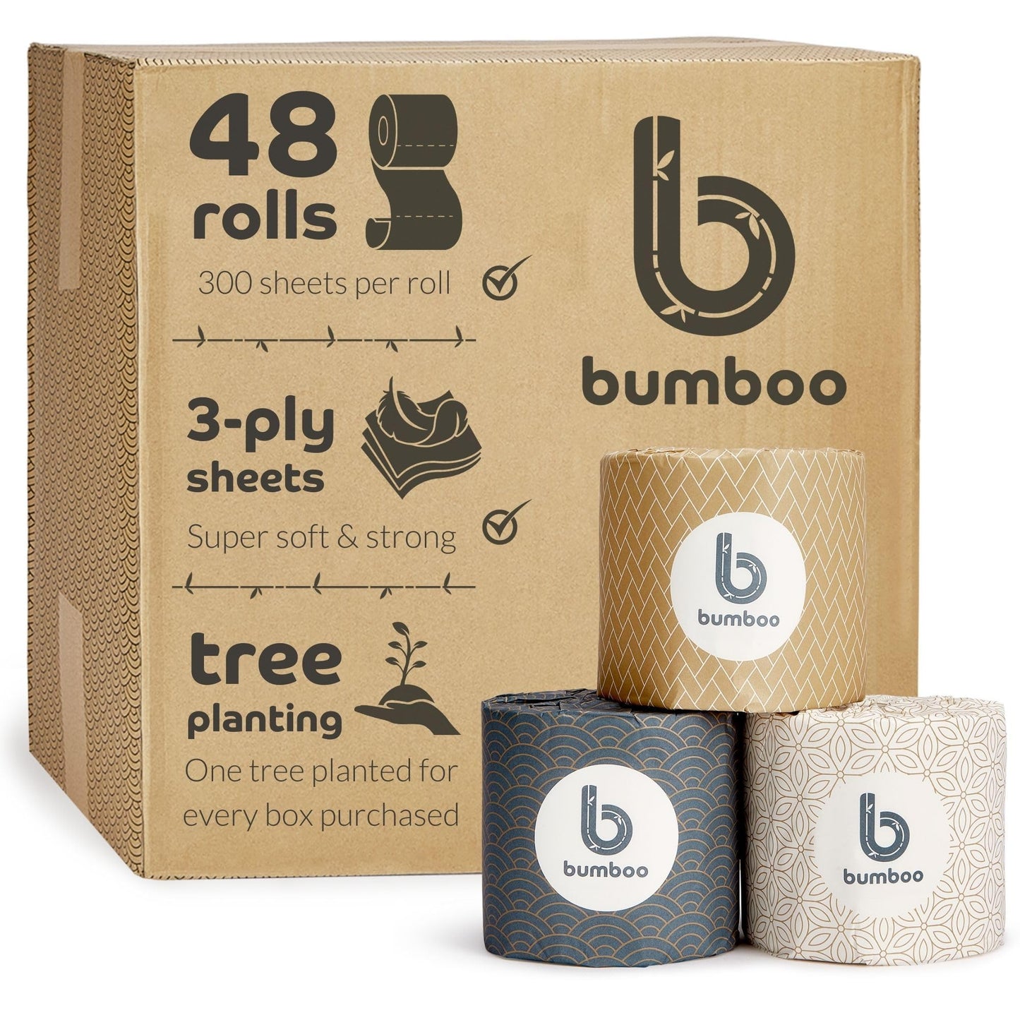 Bumboo Essentials Toilet Roll 48 Pack | Essentials Wrapped Toilet Paper 3 ply, 300 Sheets | Plastic-Free, Soft, Strong, Eco-Friendly & Biodegradable Toilet Tissue