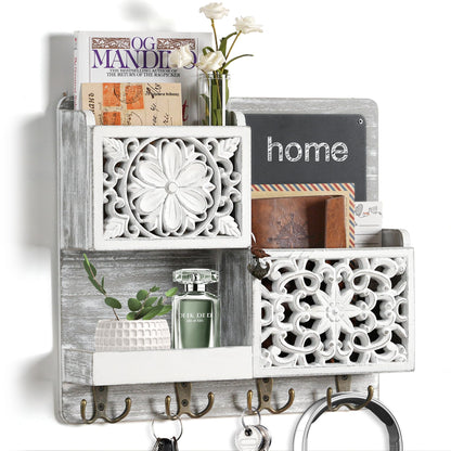Dhmkfly Mail Organizer Wall Mounted, 2 Slots Key Holder for Wall with 8 Hooks, Rustic Wood Key Rack with Shelf for Entryway Hallwall Farmhouse