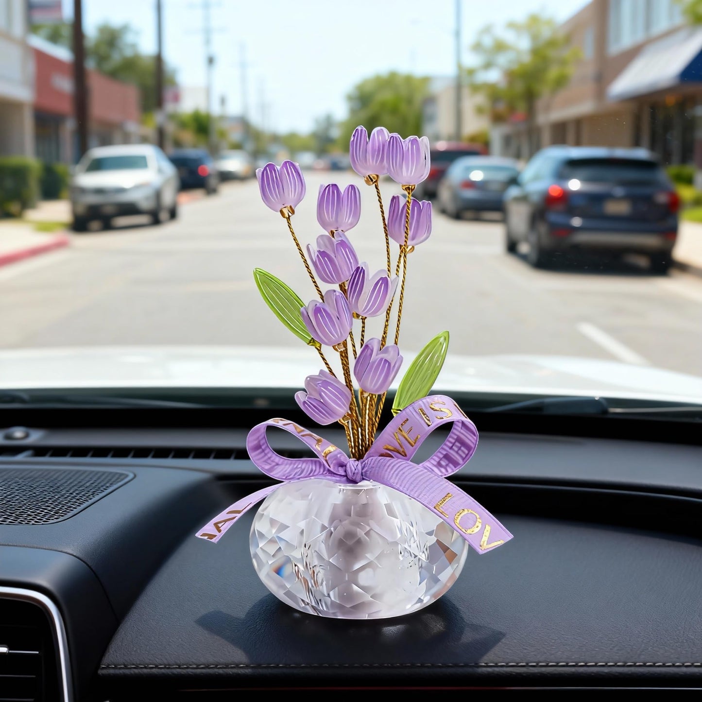 Crystal Flower Figurine - Handmade Mini Flower Decor with Crystal Base, Plastic Artificial Petals and Adjustable Wire, Cute Floral Ornament for Home/Office/Car, Ideal Gift for Women(Purple Tulips)