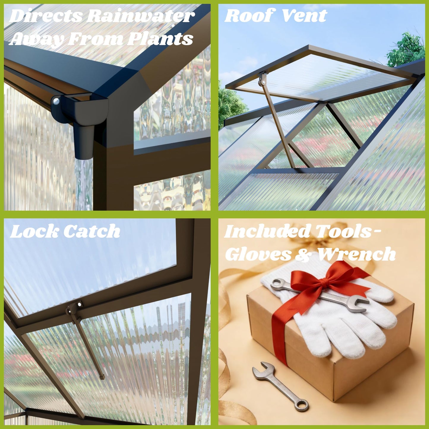 8x8 FT Greenhouse for Outdoors, Polycarbonate Greenhouse with Quick Setup Structure and Roof Vent, Aluminum Large Walk-in Green House for Outside Garden Backyard, Charcoal Black