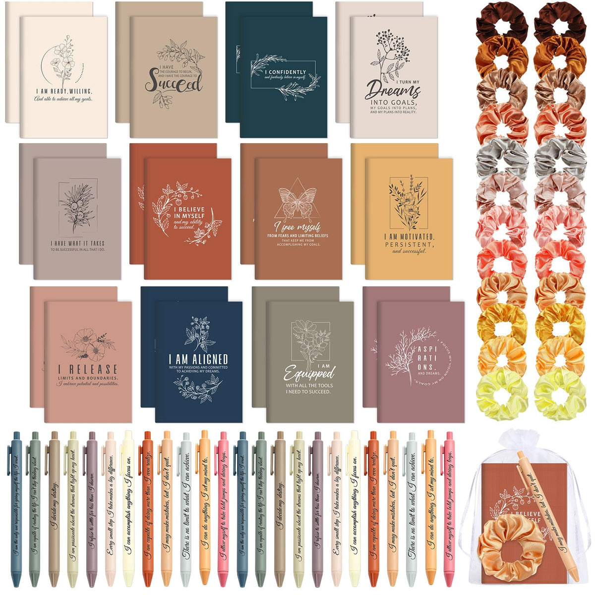 Mooliwe 72Pcs/24Set Positive Affirmation Gift Set for Women Gratitude Notebooks with Pens Hair Scrunchie Small Bags Motivational Encouragement Notepad for Women Coworkers Adult Party Favors (Simple)