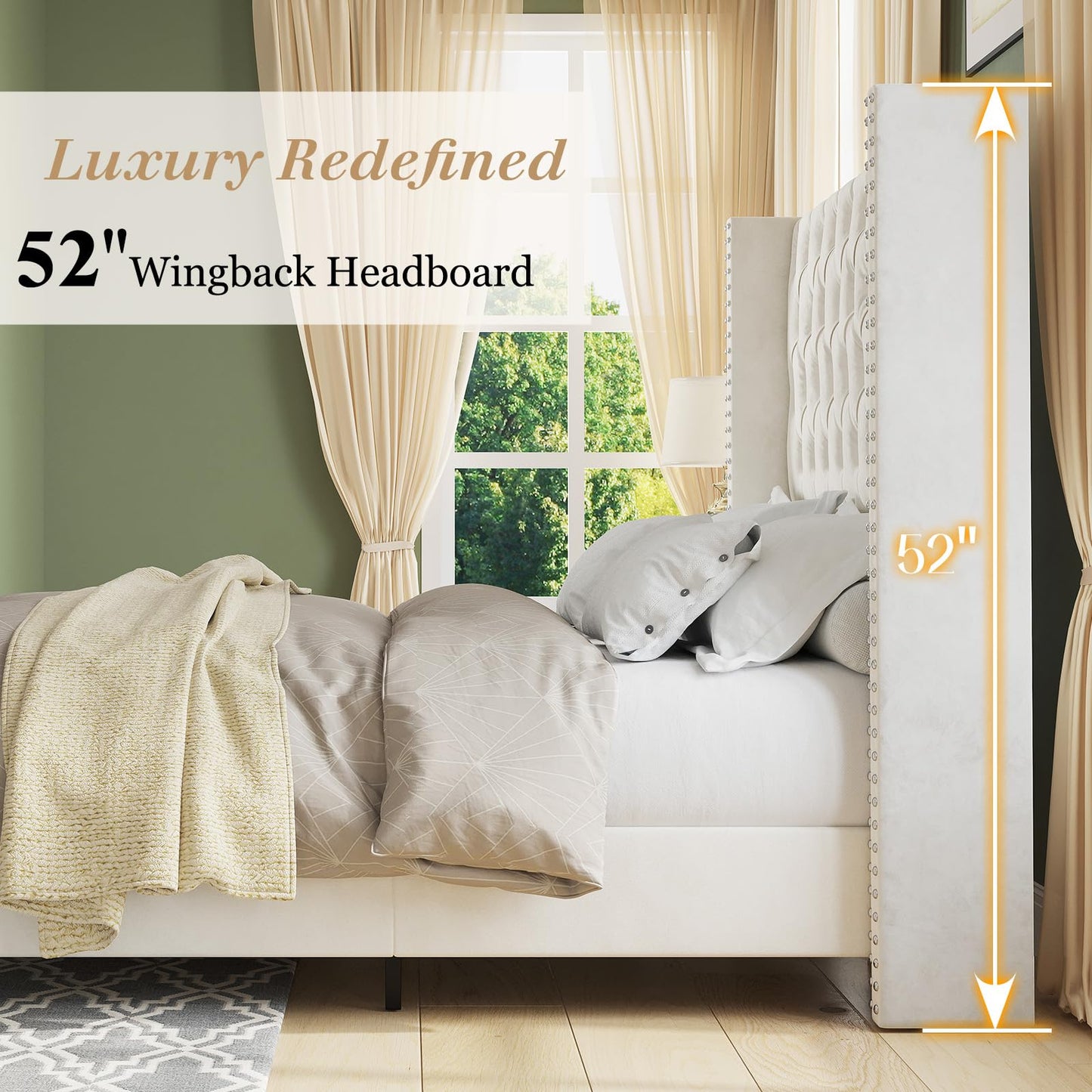 Jocisland King Upholstered Bed Frame with Tall Headboard Wingback Platform Bed Tufted Deep Button Velvet/No Box Spring Needed/Easy Assembly/Cream