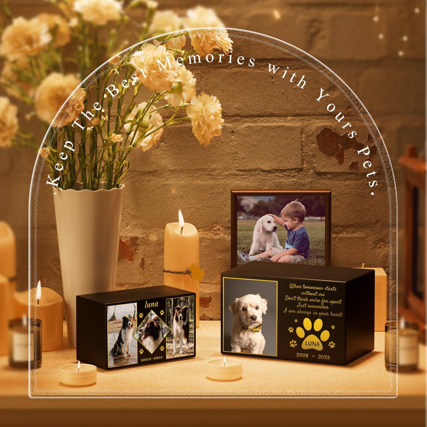 Bemaystar Personalized Pet Urns for Dogs Ashes - Custom Wooden Box with Photo for Pet Memorial Keepsake, Photo Box Pet Cremation Urn, Wood Keepsake Urn for Pet Cremation, Sympathy Gift for Pet Lovers