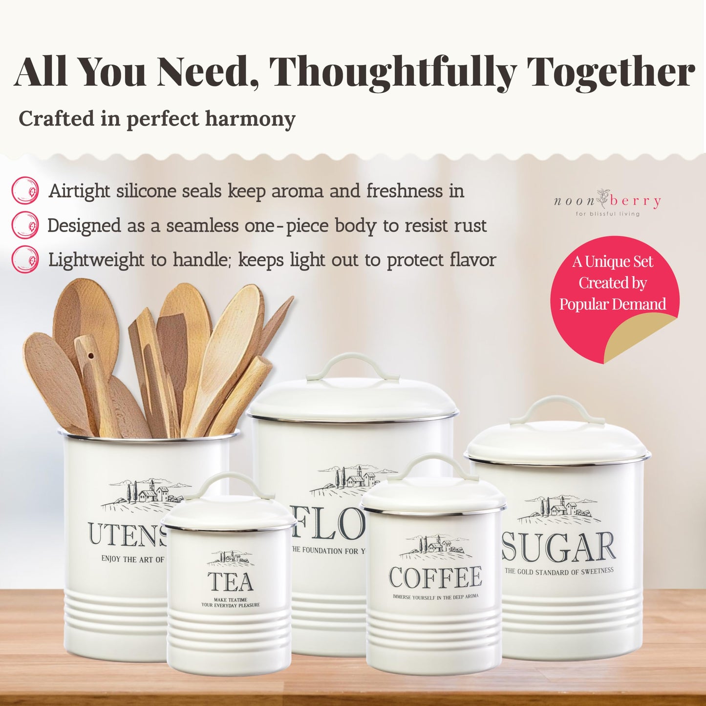 noonberry Kitchen Canisters for Countertop - 5-Piece Airtight Flour Sugar Coffee Tea Kitchen Canister Set with Utensil Holder - Sugar and Flour Containers for Kitchen Counter, Cream-White Finish