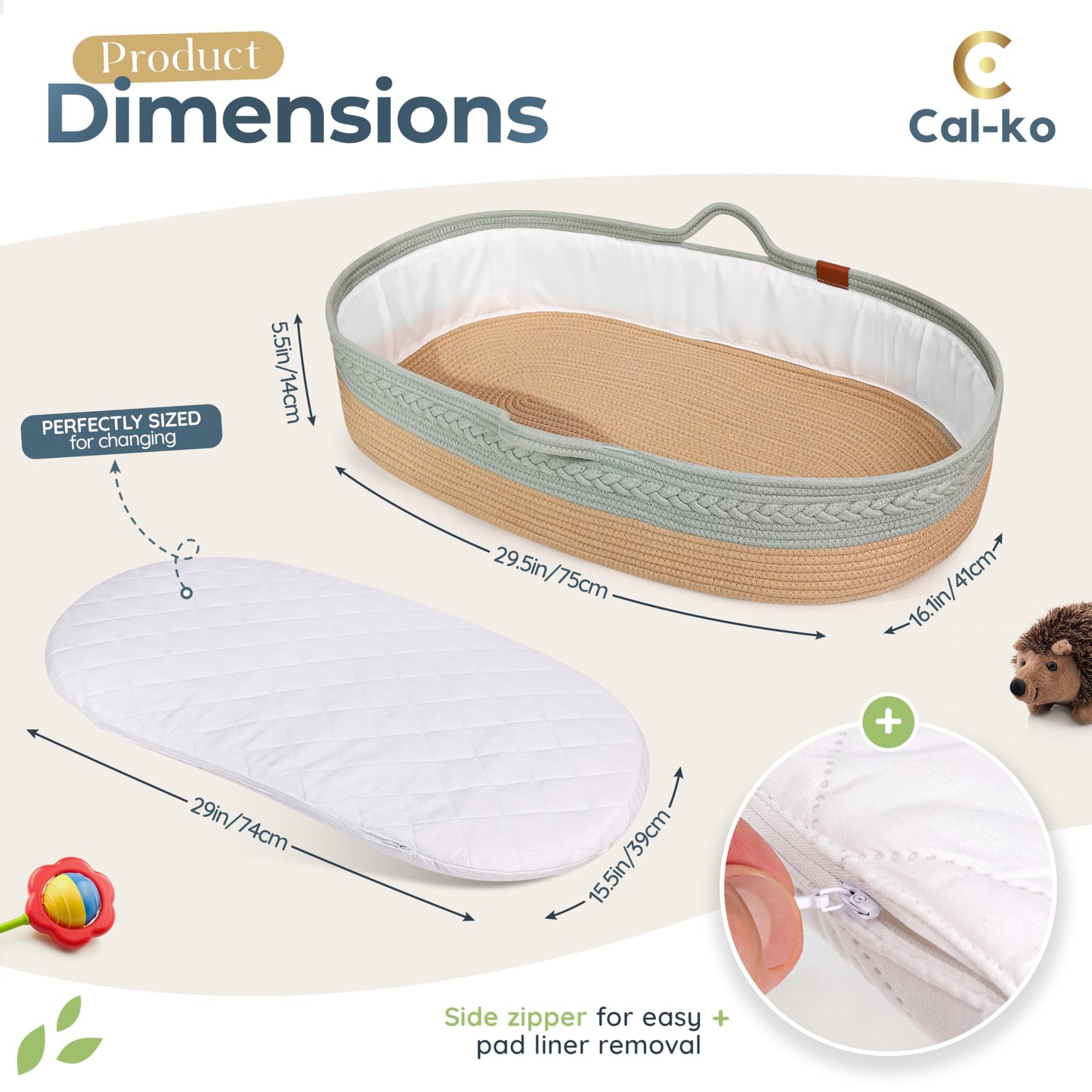Cal-ko Moses Basket for Newborns – Baby Changing Basket with Waterproof Pad – Reinforced Mesh Sides – Includes Travel Case – Portable Diaper Basket for Dresser Top or Nursery Use (Cotton, Teal)