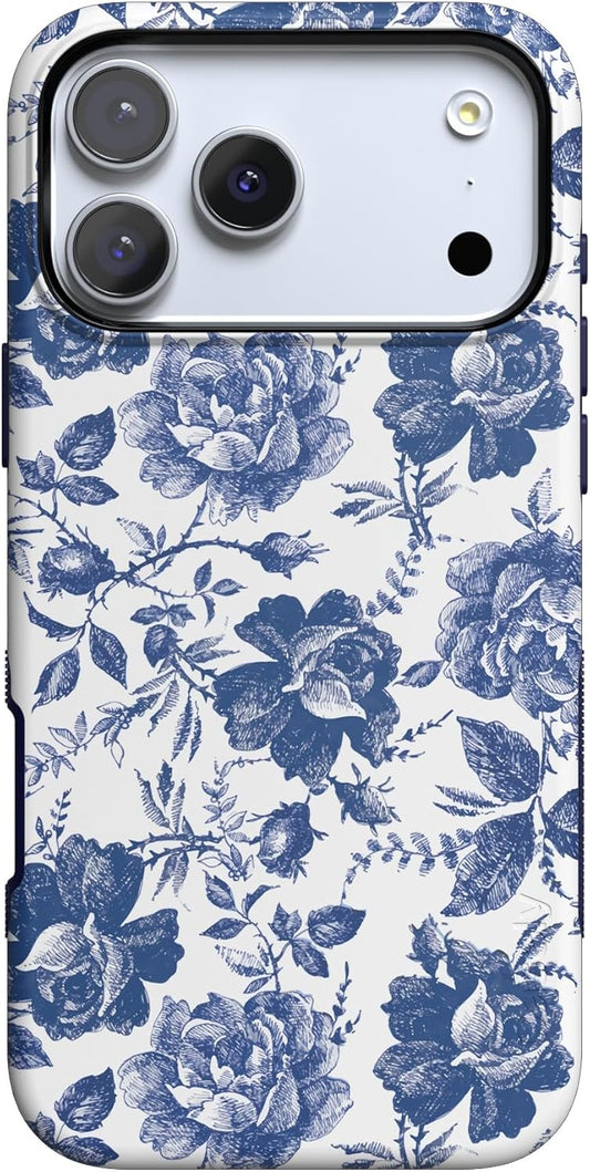 Casely iPhone 17 Pro Max Case | Rose to Fame | Blue & White Rose Floral | Compatible with MagSafe | Bold Protective Design