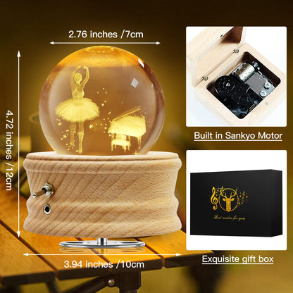Hwawhin 3D Crystal Ball Music Box with Projection LED Light and Rotating Wooden Base for Christmas, Birthday, Valentine's Day - Music Boxes for Women, Mums and Girls