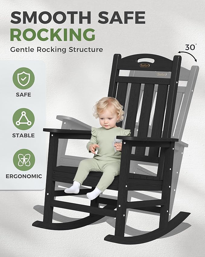 Oversized Outdoor Rocking Chairs Set of 2, High Back Porch Rocking Chair, HDPE All Weather Resistant Rocking Chairs for Patio, 380lbs Weight Capacity, Black